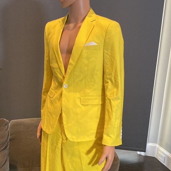 Men’s Mogu Yellow 2 Piece One Button Single Breasted Suit Size 34 Jacket NWT - Picture 2 of 11